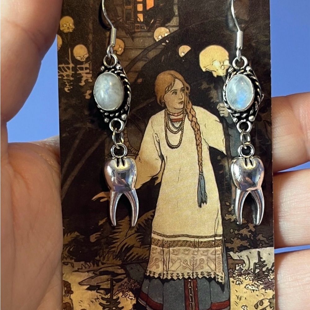 Rainbow moonstone tooth earrings, Halloween jewelry, cottage witch jewelry